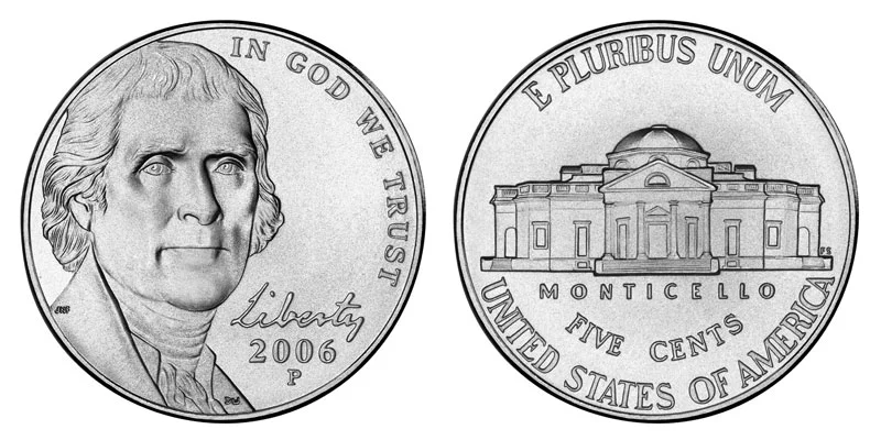 2006 Jefferson nickel showing Thomas Jefferson obverse and Monticello reverse