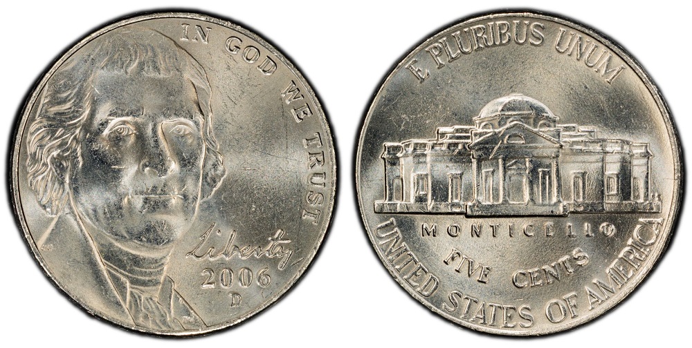 2006 Jefferson nickel grading strip — four condition tiers from worn to gem uncirculated