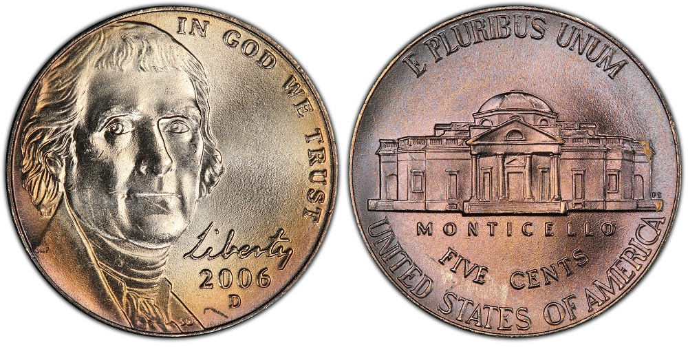2006-P Jefferson nickel DDO FS-101 'Doubled Ear' variety — close-up of doubled earlobe under magnification