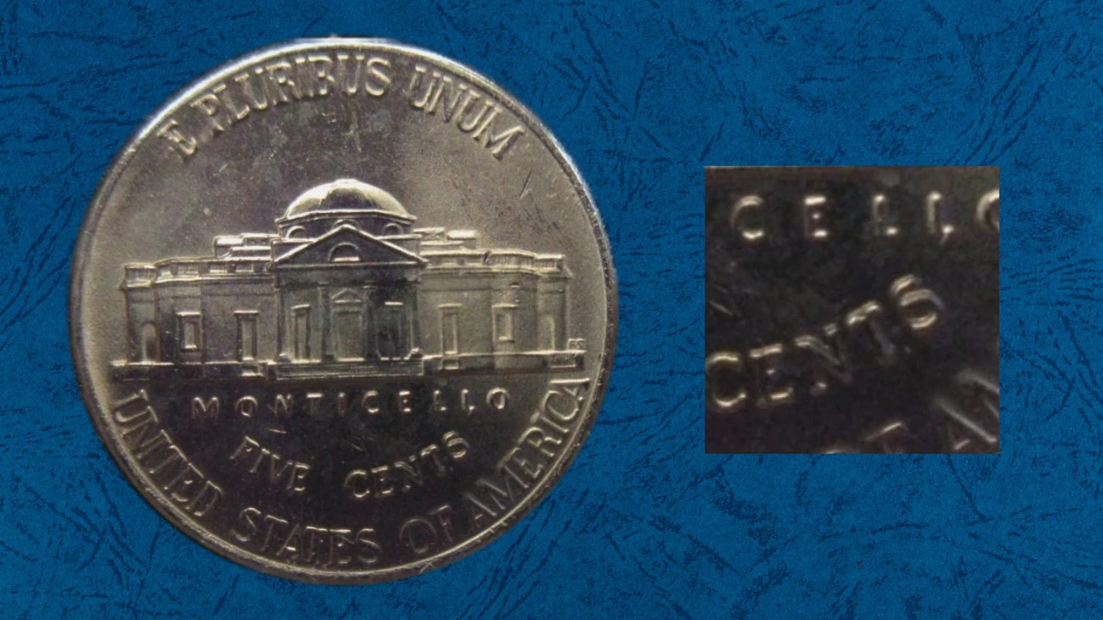 2006-P Jefferson nickel DDR-1001 CONECA variety — reverse showing thickened lettering under magnification