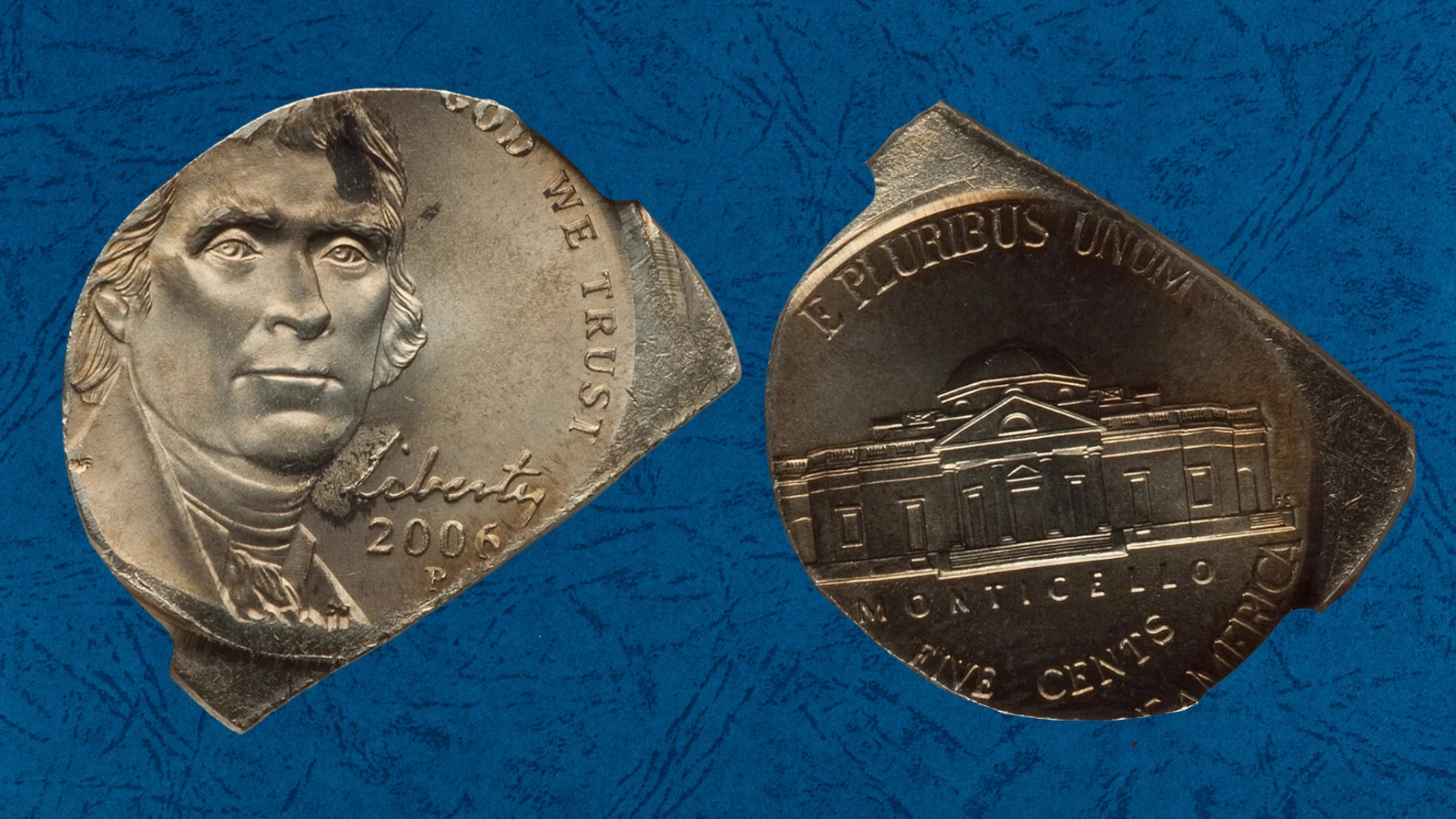 2006 Jefferson nickel clipped planchet error — curved section missing from coin edge