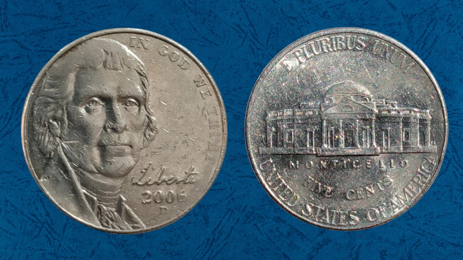 2006 Jefferson nickel struck-through grease error — blurry filled area visible in design
